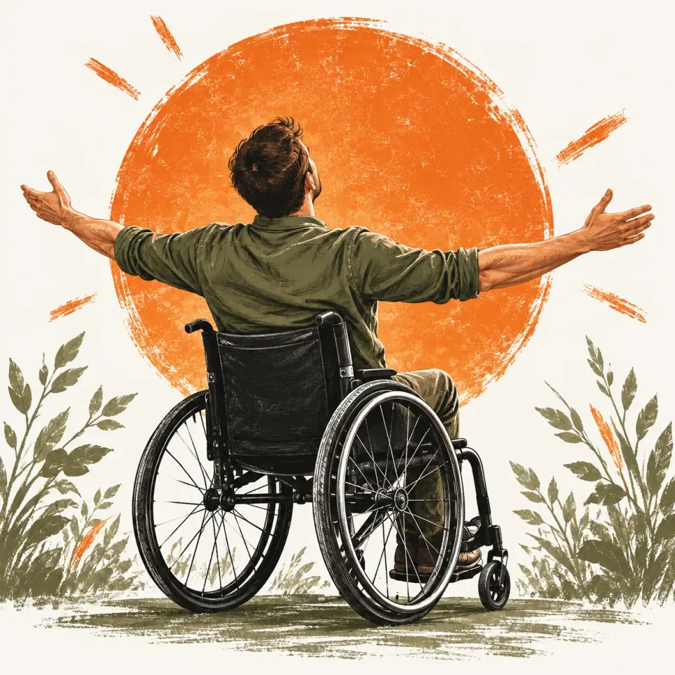 Ilustrație: un om în scaun rulant, cu brațele deschise.